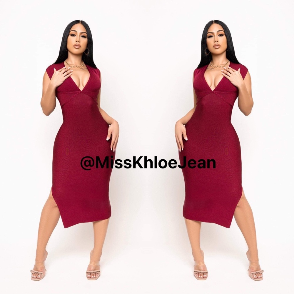 - Twist Back Side Slit Bandage Midi Dress
